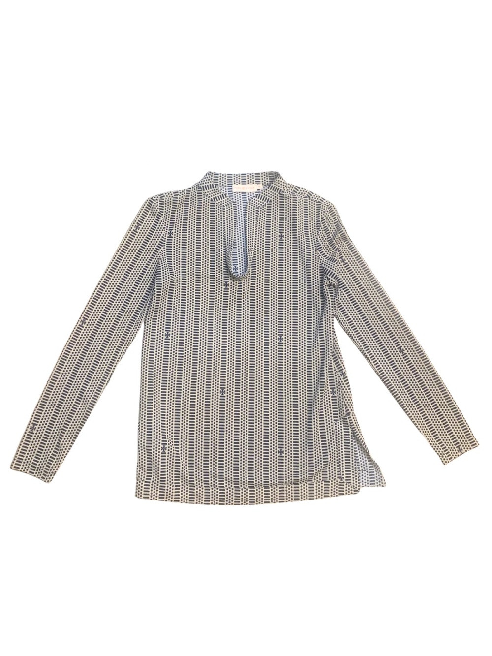 Tory Burch Tan Navy Blue Pattern Long Sleeve Tunic Blouse Business Classic Luxe